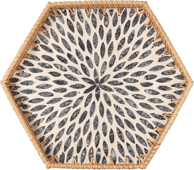 Hexagon Rattan Tray with Mother of Pearl Inlay, Rattan Serving Tray for Coffee, Bread, Fruits, Snacks, Decorative Wicker Tray for Table Decor, Home Decor (Black Leaves, 14.5"×12.8")