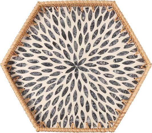 Hexagon Rattan Tray with Mother of Pearl Inlay, Rattan Serving Tray for Coffee, Bread, Fruits, Snacks, Decorative Wicker Tray for Table Decor, Home Decor (Black Leaves, 14.5"×12.8")