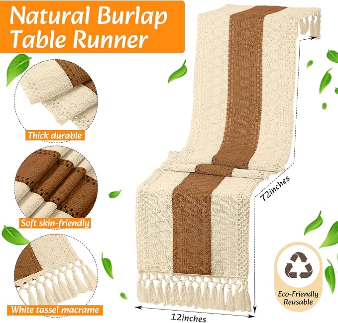 Boho Placemats 4/6/8 Set of Round Woven Placemat Macrame Style Bicolor Stitching Long Table Runner Farmhouse Rustic Natural Burlap Cotton for Kitchen Dining Table(6 Sets,Caramel Color,12x72)
