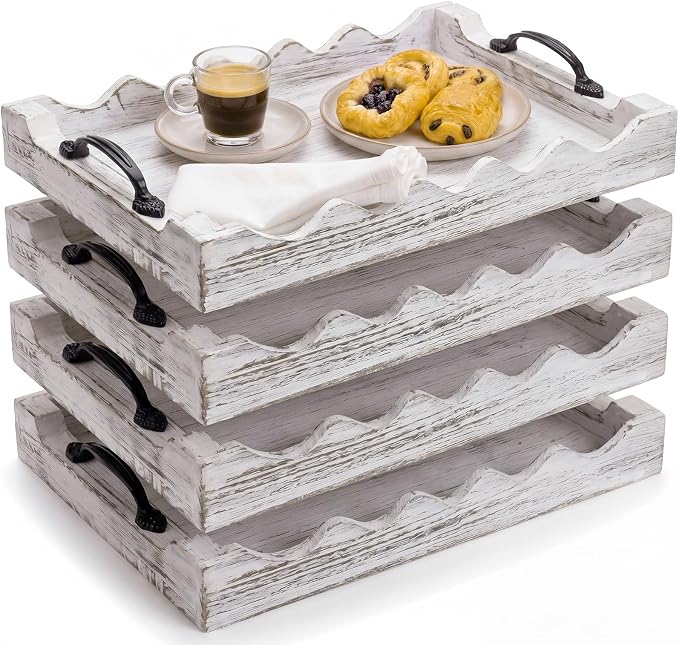 4 Pcs Rustic Wood Scalloped Serving Tray Wood Decorative Serving Tray with Handle Rustic Rectangular Platter 13 x 9.5 for Farmhouse Ottoman Breakfast Coffee Table Home Kitchen Decor(White)