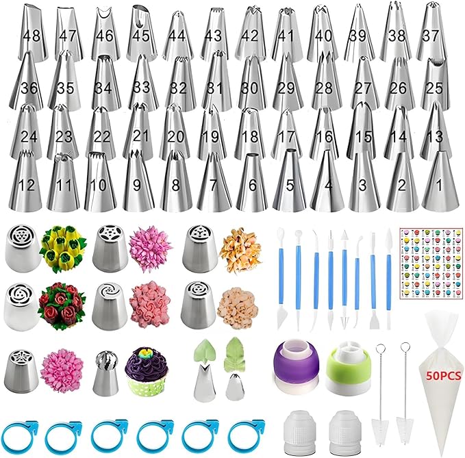 Piping Bags and Tips Set, 130 Pcs with 48 Numbered Icing Tips, 7 Russian Tips, 1 Ball Tip, 2 Leaf Tips, 8 Carved Pens, 4 Couplers, 50 Pastry Bags & More for Cake Cupcake Decorating