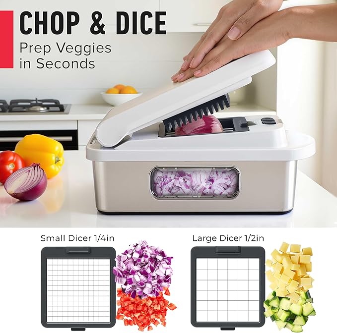 Mueller Pro-Series 10-in-1, 8 Blade Stainless Steel Multi Vegetable Chopper And Mandoline Slicer, Kitchen Accessories and Essentials, Food and Veggie Chopper, Mincer, Dicer, White Sand/Grey
