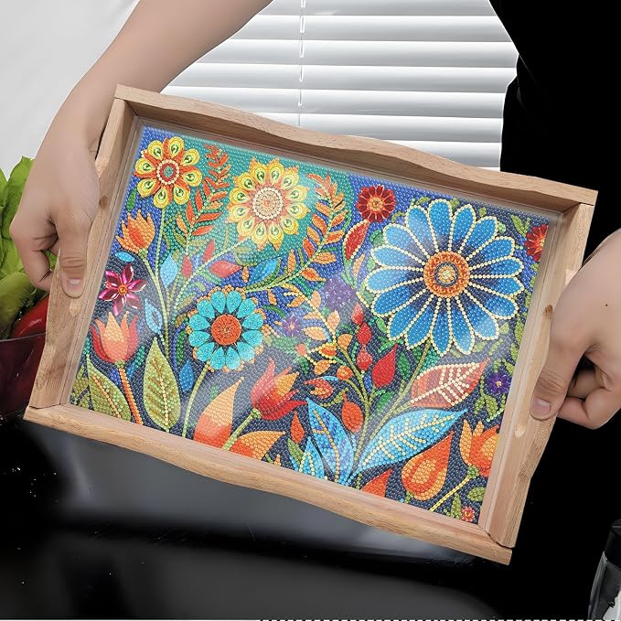 Generic DIY Diamond Serving Tray Rectangular Upgrade Increase Wooden Breakfast Tray with Handles Handmade Diamond Art Painting Dinner Plate for Coffee Living Room Home Organizer-Pattern03