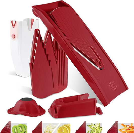 Börner Mandoline Slicer V1 (Professional Set) • V-Slicer with 4 Inserts, Fruit Holder, Docking Station, Box • Adjustable Vegetable Slicer • Cuts into Slices, Strips & Dices • Color: Red