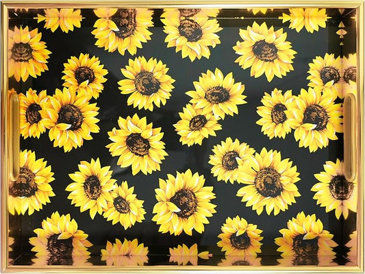 Sunflower Gold Decorative Tray Set of 2, Plastic Serving Tray with Handles, Rectangular Coffee Table Tray, Nesting Trays for Living Room, Bathroom, Ottoman