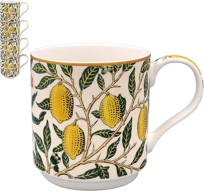 The Leonardo Collection Fruits Stacking Mugs Set of 4 William Morris, Tea and Coffee Mugs for Hot Drinks | Fine China Printed Mugs for Kitchen & Home | Reusable Ceramic Cups for Every Occasion