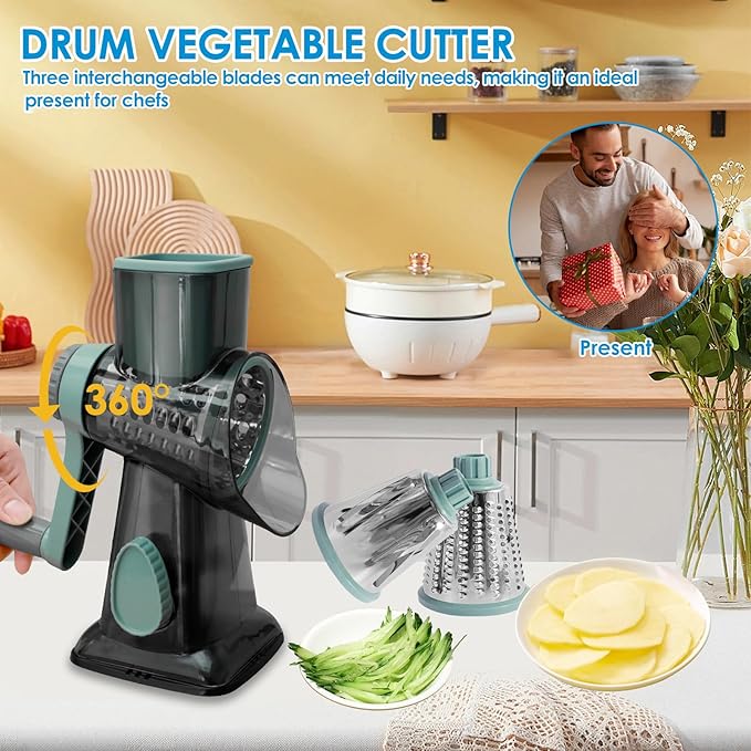 2-Pack Rotary Cheese Grater with Handle, Stainless Steel Blades, Hand Crank Vegetable Chopper for Nuts/Cabbage/Garlic, Easy Clean & Space Saving, Ideal Kitchen Gadget Gift