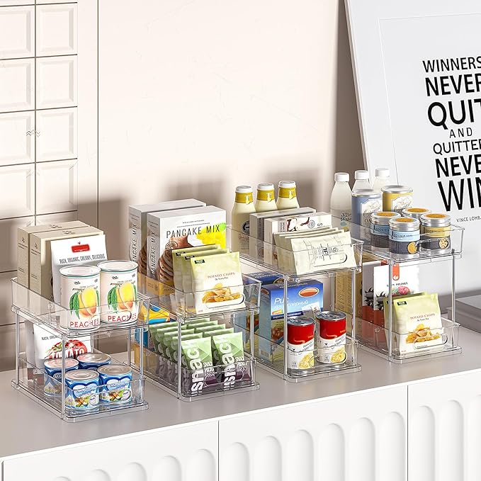 Delamu 2 Tier Under Sink Organizer Bathroom, Bathroom Cabinet Organizer with Snap-Lock Design and Hooks, Pull Out Storage with Movable Dividers, for Countertop, Kitchen and Pantry (Clear, 4 Pack)