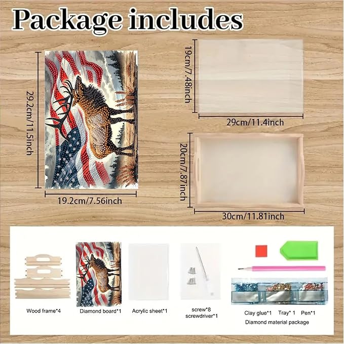 BAYUNOE DIY Diamond Serving Tray Rectangular Breakfast Tray with Handle Handmade Diamond Art Painting Wooden Tray Spring Creative Dinner Plate Coffee Room Living Home Organizer-USA Moose