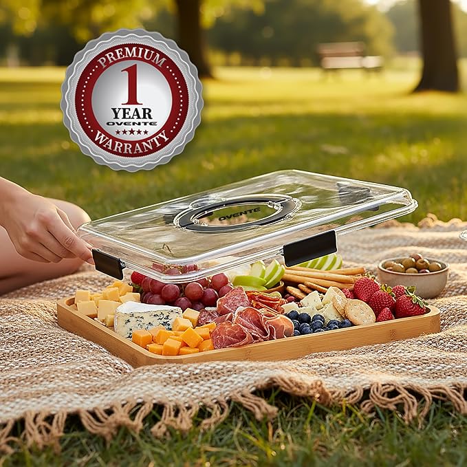OVENTE Charcuterie Board with Clear Locking Lid and Black Handles, 16.5" x 12.6" Bamboo Food Serving Tray, Portable Cheese Cutting Board for Entertaining or Picnic, House Warming Gifts, Brown B011713B