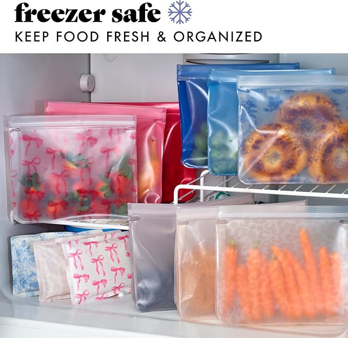 Fit & Fresh Reusable Sandwich Bags (3 Pack) – Leakproof Reusable Food Storage Bags, BPA-Free, Freezer Safe, Eco Friendly Bags for Snacks, Lunch, Meal Prep, Ivory Feline Fine