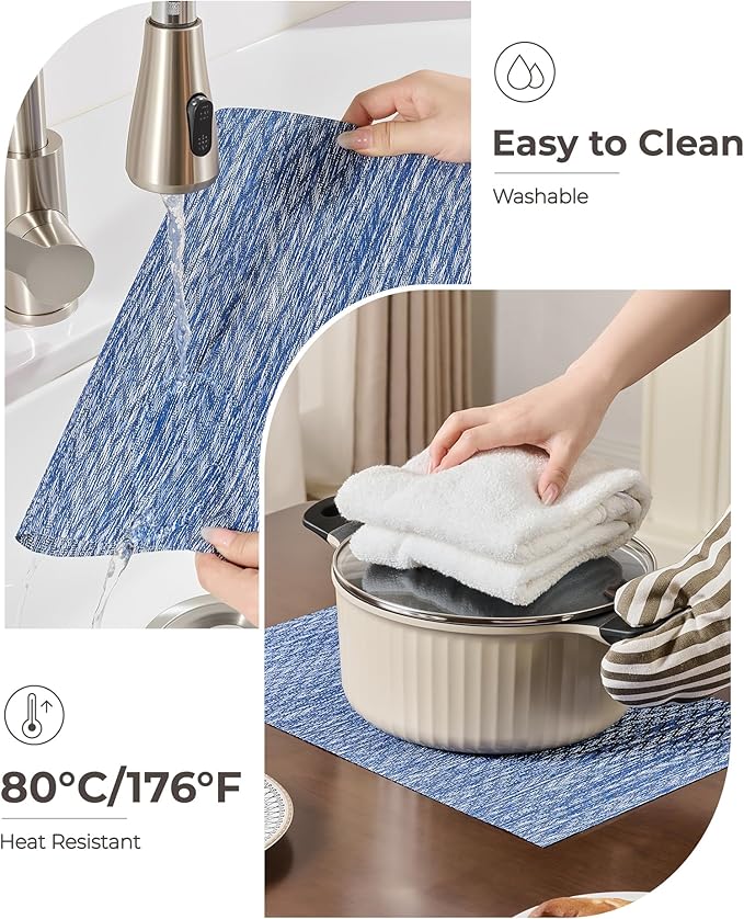 Leetaltree Blue Placemats Set of 4 - Heat Resistant Non-Slip Place mats for Dining Table, Washable Durable PVC Vinyl Woven Table Mats（Blue Zigzag, 4）
