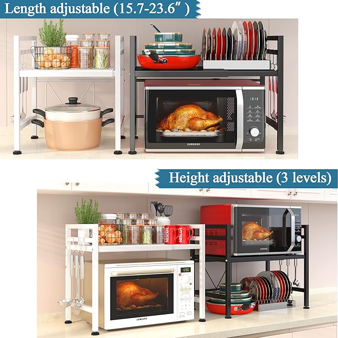 PUSDON Expandable Microwave Oven Rack, 2-Tier Countertop Baker's Rack Style Shelf, Heavy Duty Carbon Steel Stand with 3 Hooks, 160lbs Capacity Modern Kitchen Organizer, White