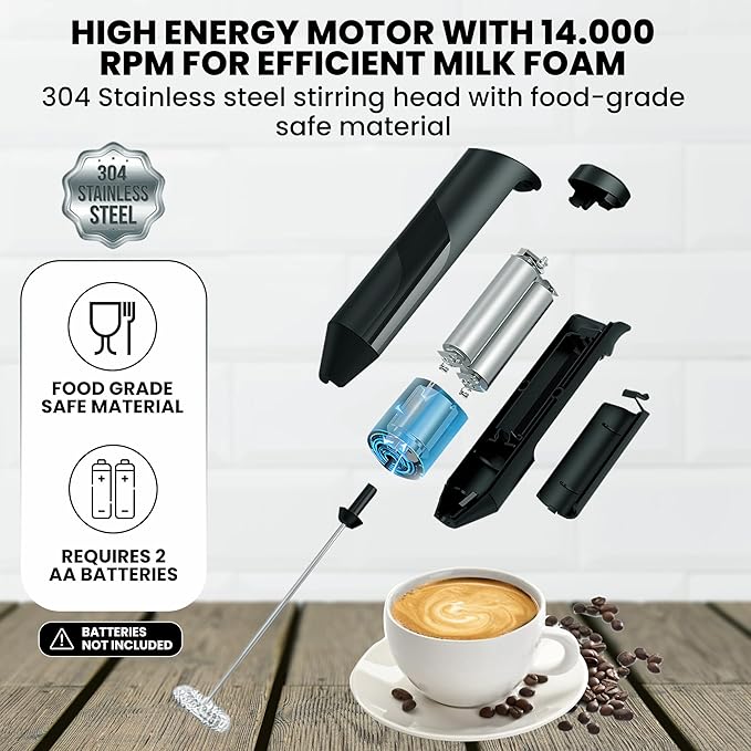 Handheld Milk Frother Wand - Electric Whisk Frother for Coffee Battery Operated - Drink Stirrer Electric Frothers Handheld - Drink Mixer - Coffee Mixer Wand