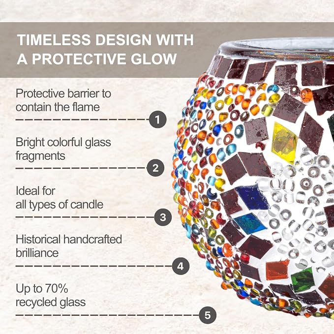 KAFTHAN Mosaic Glass Large Single Candle Holder - Round Bowl, Plant Pot, Votive Candle Holder - Decorative Vase & Unique Centerpiece for Wedding, Ball & Home - (3.7" x 3.5", Multicolor Star Circle)