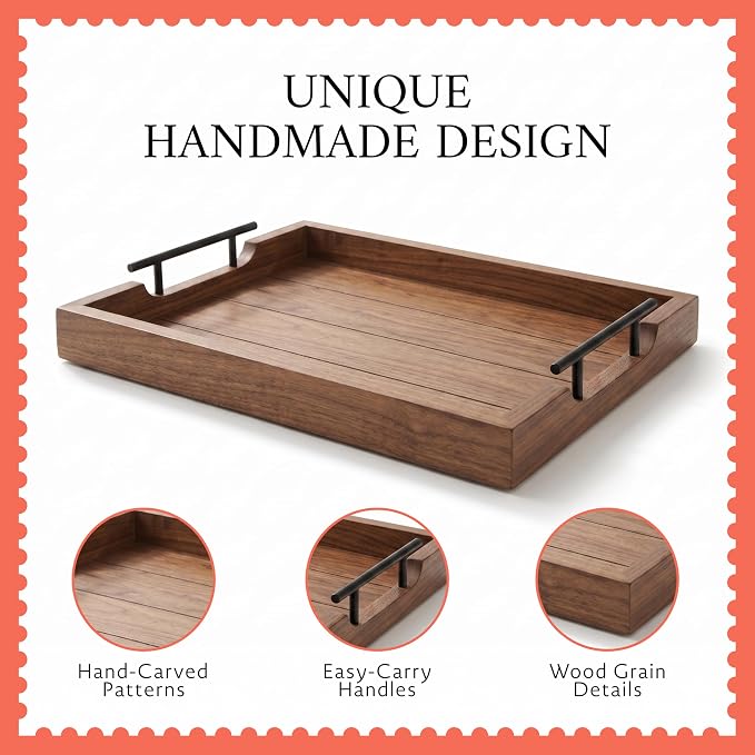 Mela Artisans 16 x 12 x 1.75 in Acacia Wood Serving Tray – Urban Walnut Rectangular Wooden Tray for Breakfast, Charcuterie, Coffee Table Decor & Home Display