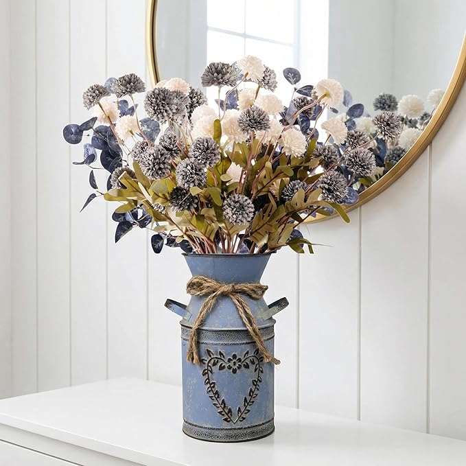 16.5''H Fake Flowers in Vase for Centerpiece Table Decorations with 10Pcs Fake Mums Flowers Eucalyptus Stems Faux Pompon Kiku Flowers Arrangement for Home Farmhouse Decor (Blue and White)