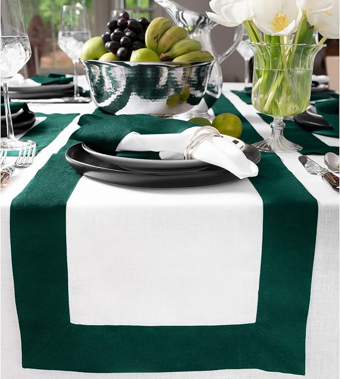 Solino Home 100% Pure Linen Table Runner 14x72 Inch – Rainforest & White, Oeko-TEX Certified, Spring & Summer Table Runner for Dining Table, Handcrafted Farmhouse Décor - Contempo