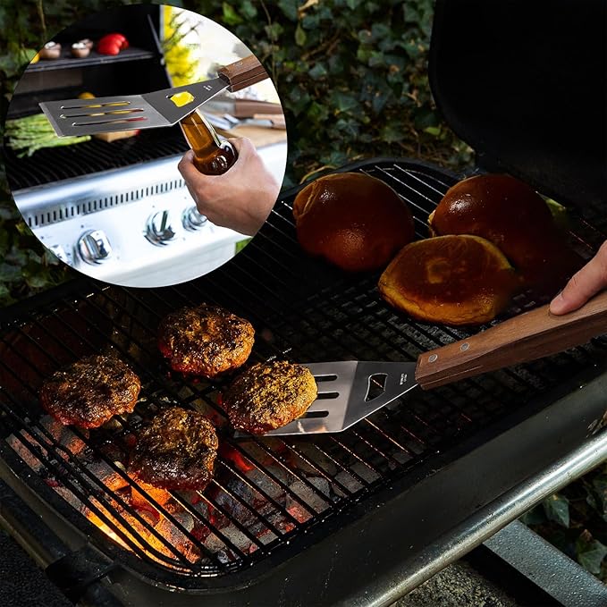 5pcs BBQ Grill Accessories Set - Stainless Steel Grilling Tools with Ergonomic Wooden Handle Includes Spatula, Tongs, Knife, Fork & Carry Bag, Grill Tools Set BBQ Utensils Gifts Set for Men Dad