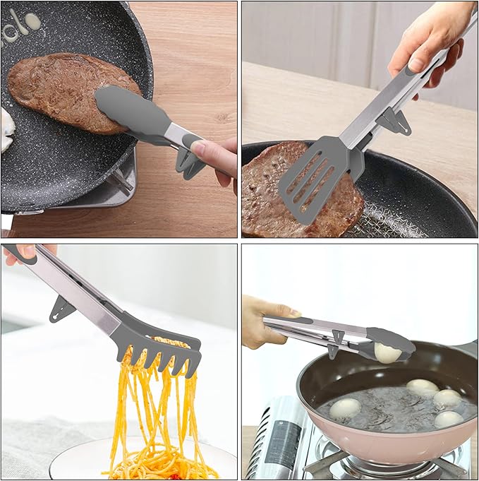 4in1 Stainless Steel Kitchen Food Tongs Set for Cooking with Silicone Tips, Toaster Steak Pie Pizza Pasta Spaghetti Noodles Salad Fruit Vegetable Grill BBQ Buffet Clamp Serving Tools Gadgets