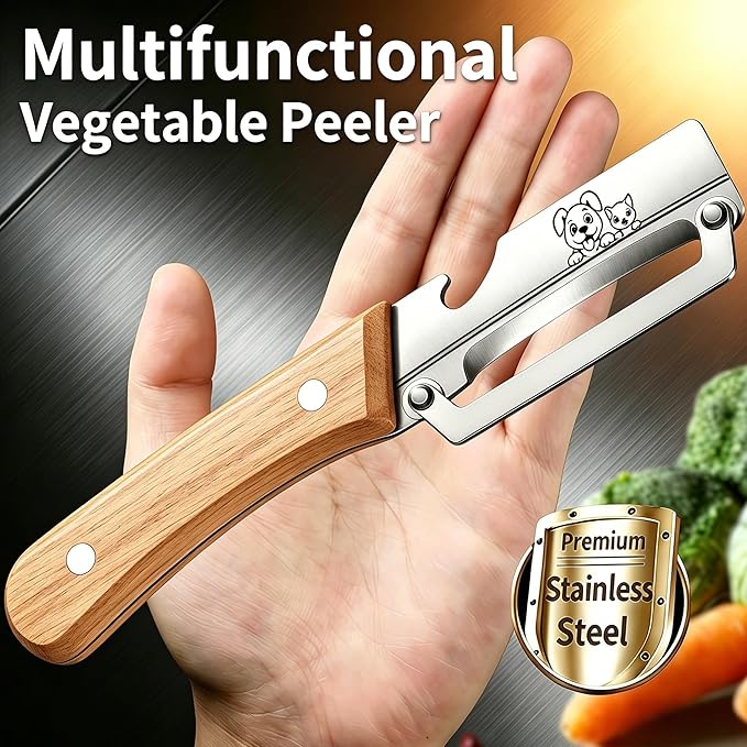 TEEVEA Multifunctional Vegetable Peeler, Zero Flex & Zero Snag, Stainless Steel with Wooden Handle, 2 in 1 Peeler with Bottle Opener for Fruit Potato Apple Carrot