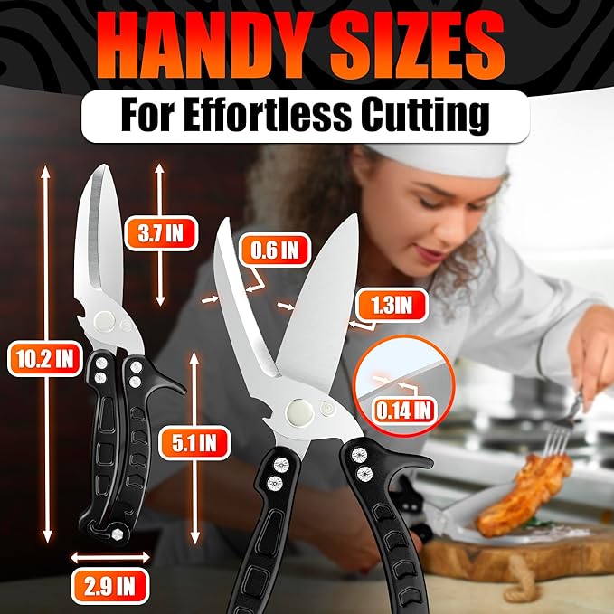 Heavy Duty Poultry Shears – Kitchen Shears Dishwasher Safe, Spring-Loaded, 3Cr14 Steel, Micro-Serrated, Separates for Easy Cleaning | Bone Scissors for Chicken, Turkey, Seafood & Fish Scale (Black)