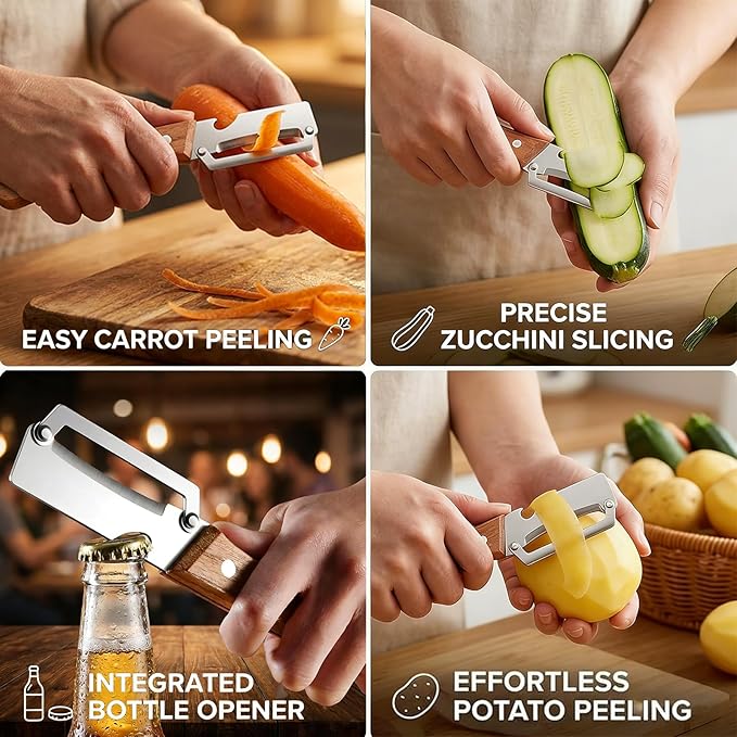 2026 New 2-in-1 Vegetable Peeler – Premium Stainless Steel Blade, Solid Wood Handle & Built-in Bottle Opener – Effortlessly Peels Fruits & Vegetables – Perfect Kitchen Gift (2-Pack)