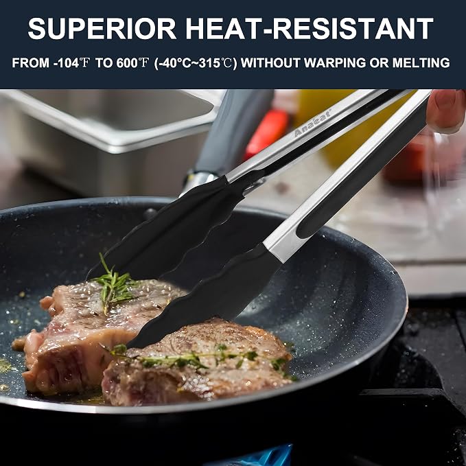 Anaeat 3 Pack 7" Mini Non-Stick Silicone Locking Tongs - Stainless Steel Kitchen Food Tong with Non-Slip Silicone Tips and Grip for Cooking, Baking and BBQ - Metal Tongs Heat Resistant up to 480°F