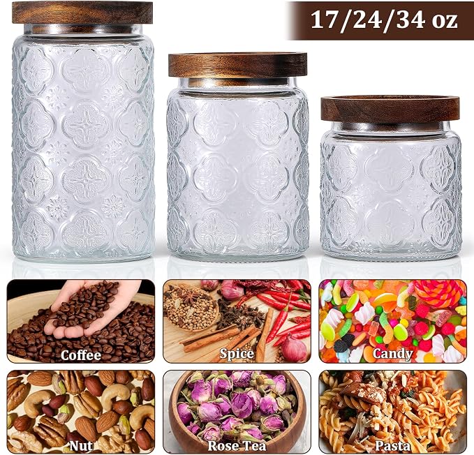 SHENLIU 3Pcs 17/24/34 oz Glass Jar with Airtight Lid, Vintage Food Storage Containers Set Food Jars Canisters for Kitchen Counter Pantry, Sugar, Flour, Candy, Tea, Coffee Beans, Oats, Grain Bin, Pasta