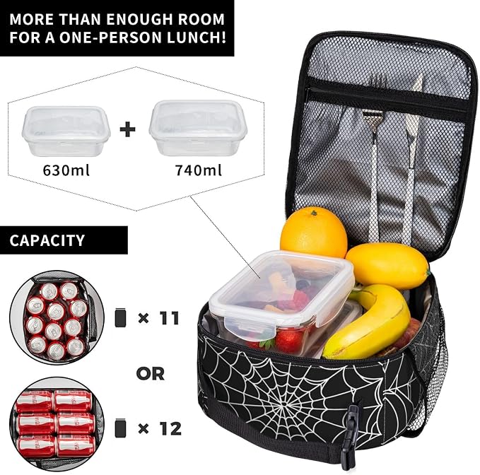 Goth Spider Web Lunch Box Insulated Lunch Bag for Women Men Reusable Portable Leakproof Lunchbox Tote Cooler Thermal Bag for Office Work Picnic Travel