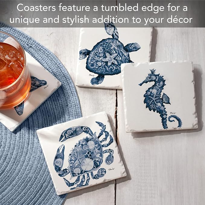 Thirstystone Beachy 4 Pack Assorted Tumbled Tile Stone Coasters with Protective Cork Backing Manufactured in The USA Absorbent Easily Wipes Clean (Nassau Sea Life)