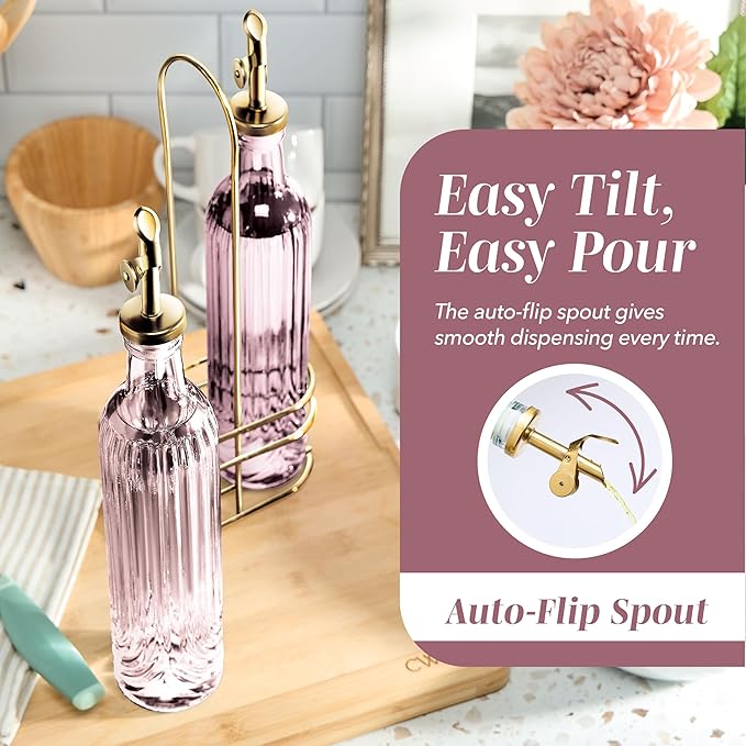 COOK WITH COLOR Glass Olive Oil Bottle Dispenser - 2 Pack- 17oz Oil and Vinegar Cruet - Olive Oil Carafe Decanter for Kitchen, Elegant Fluted, Pink