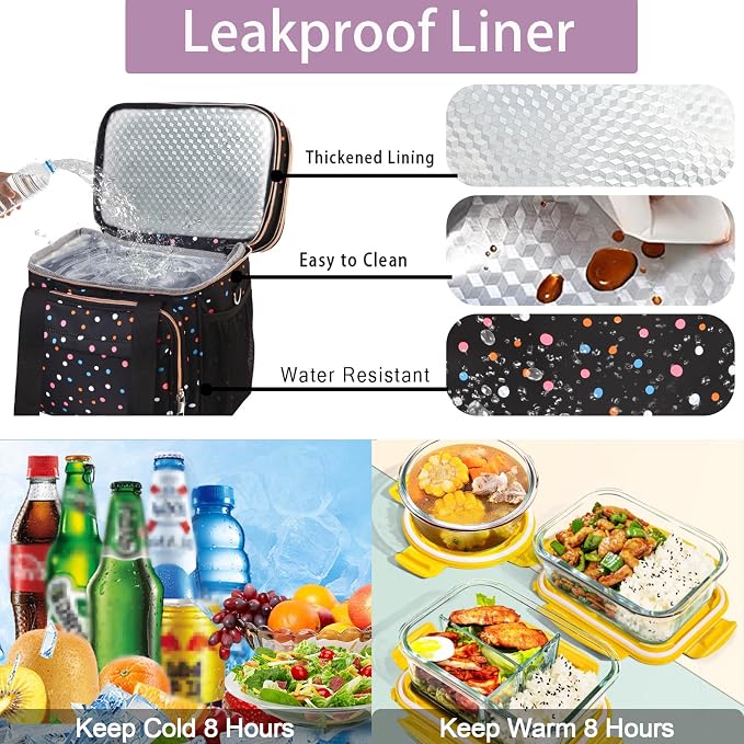 GLENKEY Tactical Lunch Box Cooler Bag - Expandable Insulated Lunch Bag for Men Women - Large Lunchbox for Adults Work Shifts Outdoor Trips Polka Dots 16L