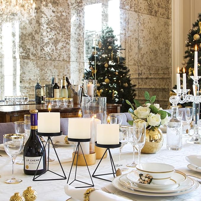 3 PCS Geometric Candle Holders for Pillar Candles Black Metal Pillar Candle Holder Vintage Candle Stands Table Centerpiece for Wedding Christmas Home Decoration
