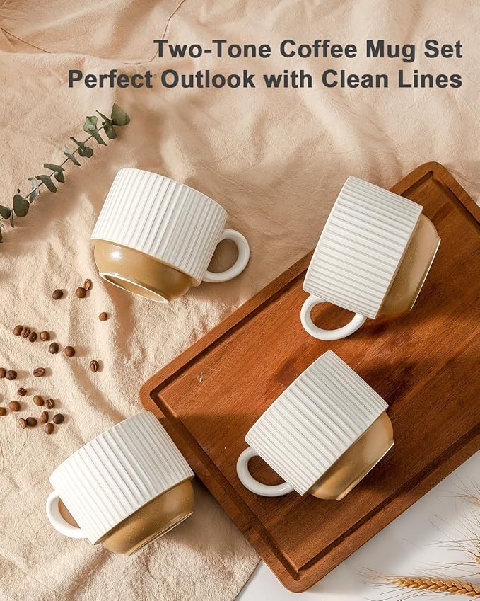 Ceramic Coffee Mugs with Stand,15 Oz Stackable Coffee Cups Set of 4 for Latte,Milk,Tea,Gift for Thanksgiving New Year Housewarming,Dishwasher & Microwave Safe,White Patchwork Color