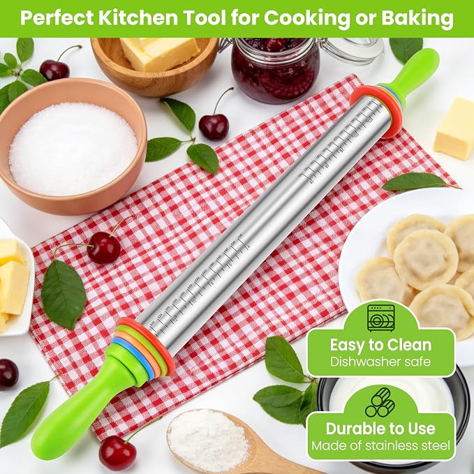 Stainless Steel Dough Roller Pins with Handle for Baking, Adjustable Rolling Pin with Thickness Rings for Cookie Decorating, Kitchen Baking Essential Tools for Fondant Cake Baker Pizza Cookie