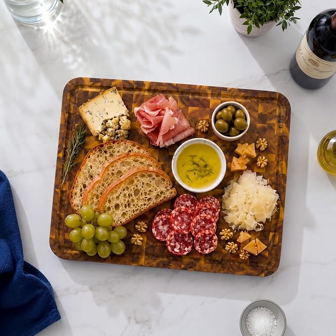 HOMESTEAD End Grain Acacia Wood Cutting Board 20x15x1.25, Reversible Butcher Block Board for Kitchen with Deep Juice Groove, Handles, Knife-Friendly Surface for Meat Chopping and Charcuterie Serving