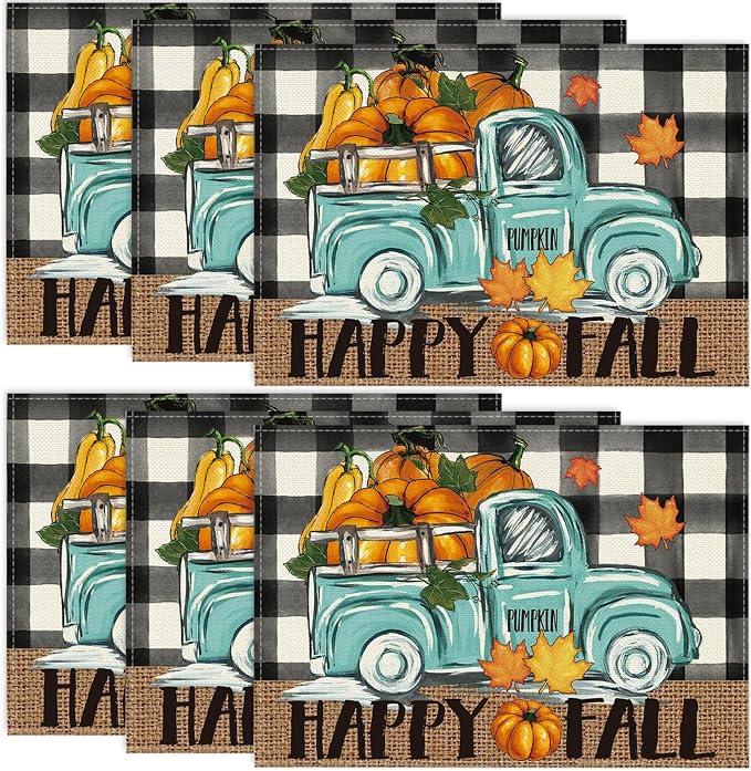 Niviy Buffalo Plaid Check Pumpkins Truck Fall Placemats Set of 6, 12x18 Inch Autumn Thanksgiving Table Mats for Holiday Party Kitchen Dining Room Decoration