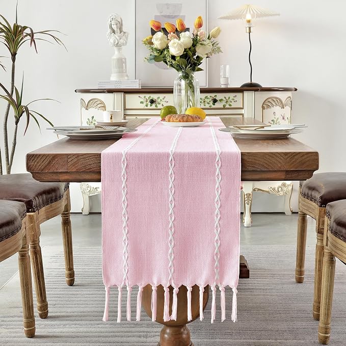 Wracra Rustic Linen Table Runner Farmhouse Style Table Runners 108 inches Long Embroidered Table Runner with Hand-Tassels for Party, Dresser Decor and Dining Room Decorations (Pink, 13"×108")