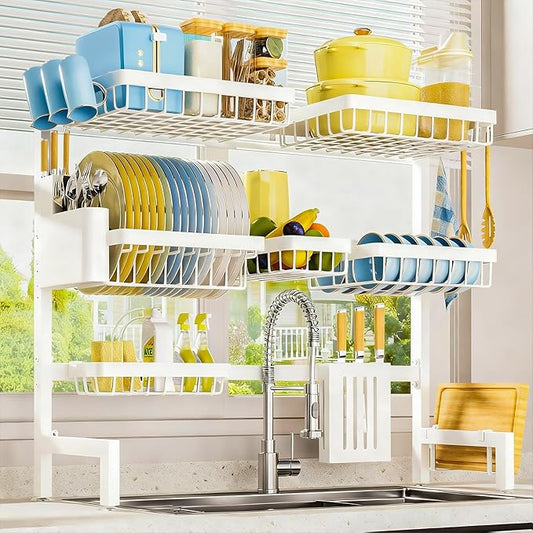 Sakugi Dish Drying Rack - Over The Sink Dish Drainer Drying Rack with Utensil & Knife Holder, Hooks, Stainless Steel Kitchen Organizers and Storage Solution, 11.8" D x 31.5"~39.0''W x 30" H, White