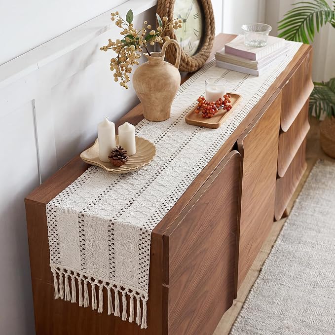 FEXIA Summer Table Runner with Tassels Boho 72 Inches Long Cream Burlap Table Runner for Home Farmhouse Decor Rustic Bohemian Dining Bedroom Decoration Baby Bridal Shower(12x72 Inches)