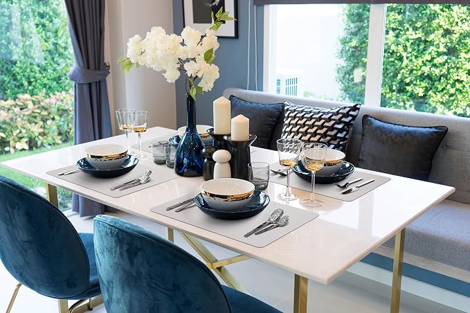 More Décor Faux Leather Placemats Set of 4 for Dining Table – Waterproof, Wipeable, Washable, Stain & Heat Resistant, Non-Slip Table Mats – 12 X 17 Inch, (Solid Silver 4)