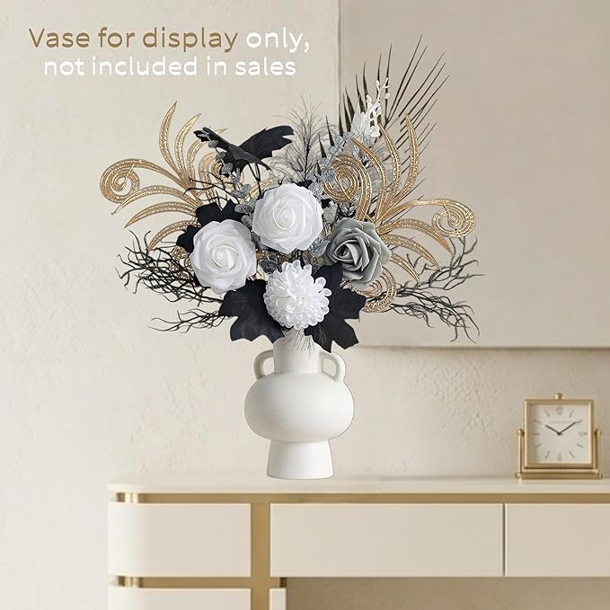 17" Modern Metallic Black and Gold Artificial Flowers, 14 Pcs Silk Rose Bouquet, Luxury Gothic Home Decor for Table Centerpiece, Faux Floral Arrangement for Hotel & Office (Vase Not Included)