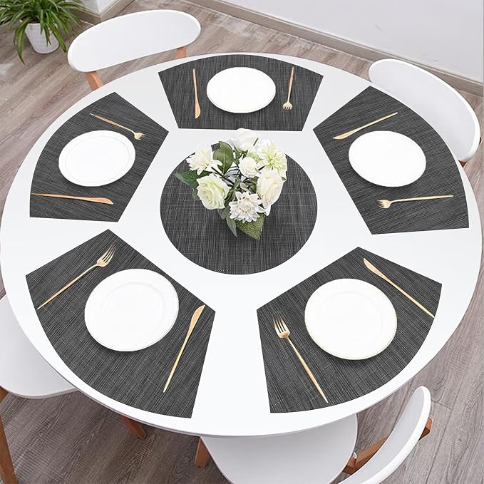 SHACOS Small Round Table Placemats Set of 5 Woven Vinyl Wedge Placemats with Centerpiece Round Table Mats Heat Resistant Wipe Clean (5, Black Gray)