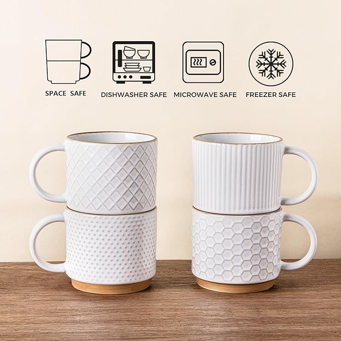 GBhome 12OZ Stackable Coffee Mugs Set of 6, Ceramic Coffee Mugs with Texture Patterns for Man,Woman,Dad,Mom, Modern Coffee Cups for Latte/Cappuccino/Cocoa. Dishwasher&Microwave Safe, Off White