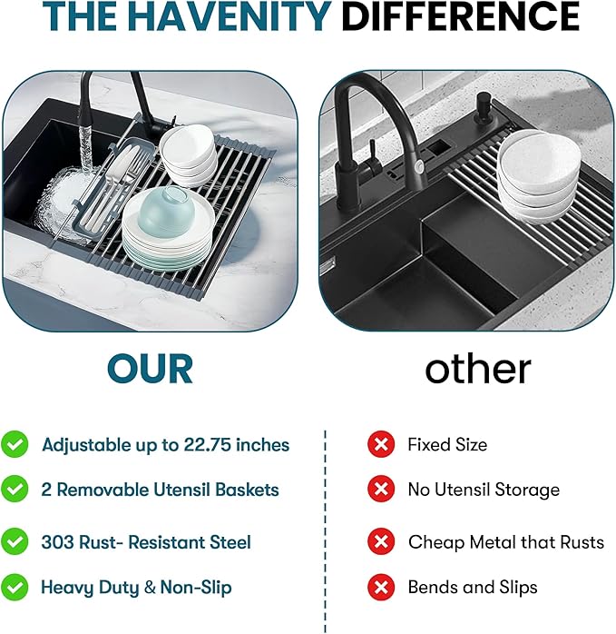 Havenity™ Expandable Roll Up Dish Drying Rack with Drying Mat - Adjustable Up to 22.75" with 2 Free Attachments & 2 Removable Baskets, 304 Stainless Steel Over The Sink Dish Drying Rack Cover Kitchen