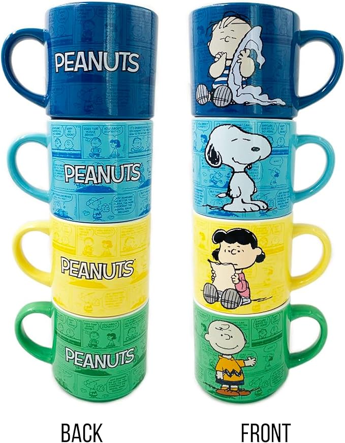 Silver Buffalo Peanuts Comic Strip 4-Pack Ceramic Mug Stack, 10-Ounces