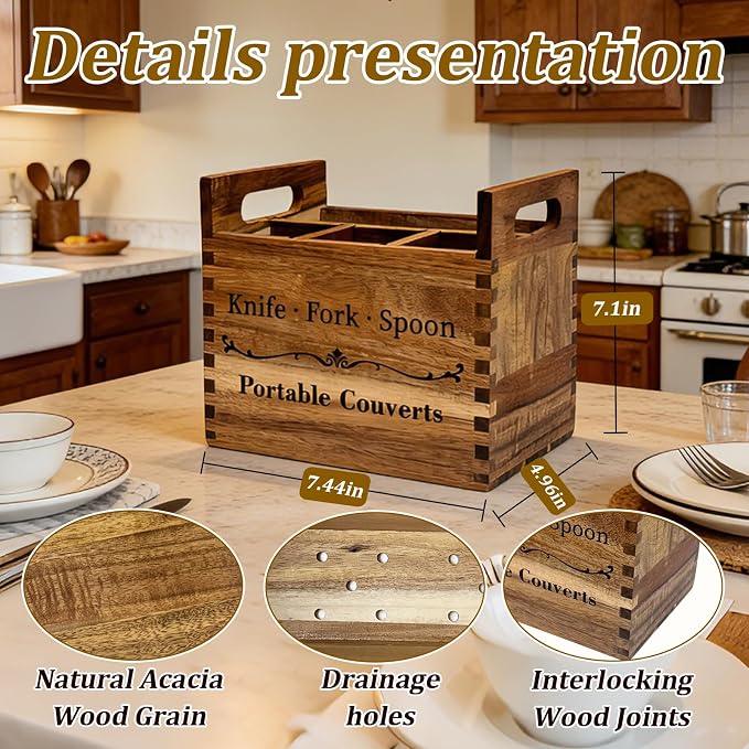 Portable Acacia Wood Kitchen Utensil Holder with Handle, Farmhouse Countertop 4-Compartment Wooden Cooking Utensil Holder for Counter, Island & Dining Room
