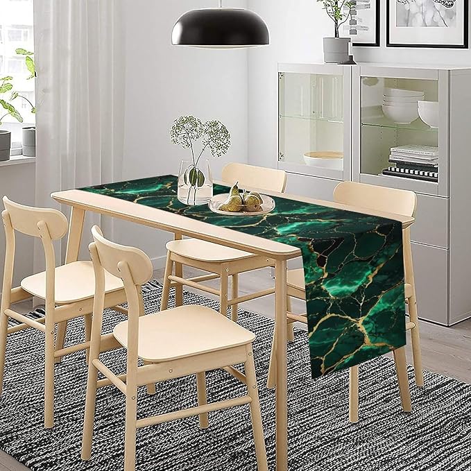 Marble Table Runner, Abstract Dark Green and Gold Modern Luxury Texture Printed Linen Table Runners for Farmhouse Kitchen Dining Room Party Holiday Home Decor 13" W x 72" L