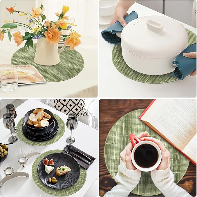 Niviy Green Round Placemats Set of 4, 15 Inch Washable Easy to Clean Heat-Resistant Anti-Skid Sage Green Placemats for Holiday Party Kitchen Dining Room Decoration